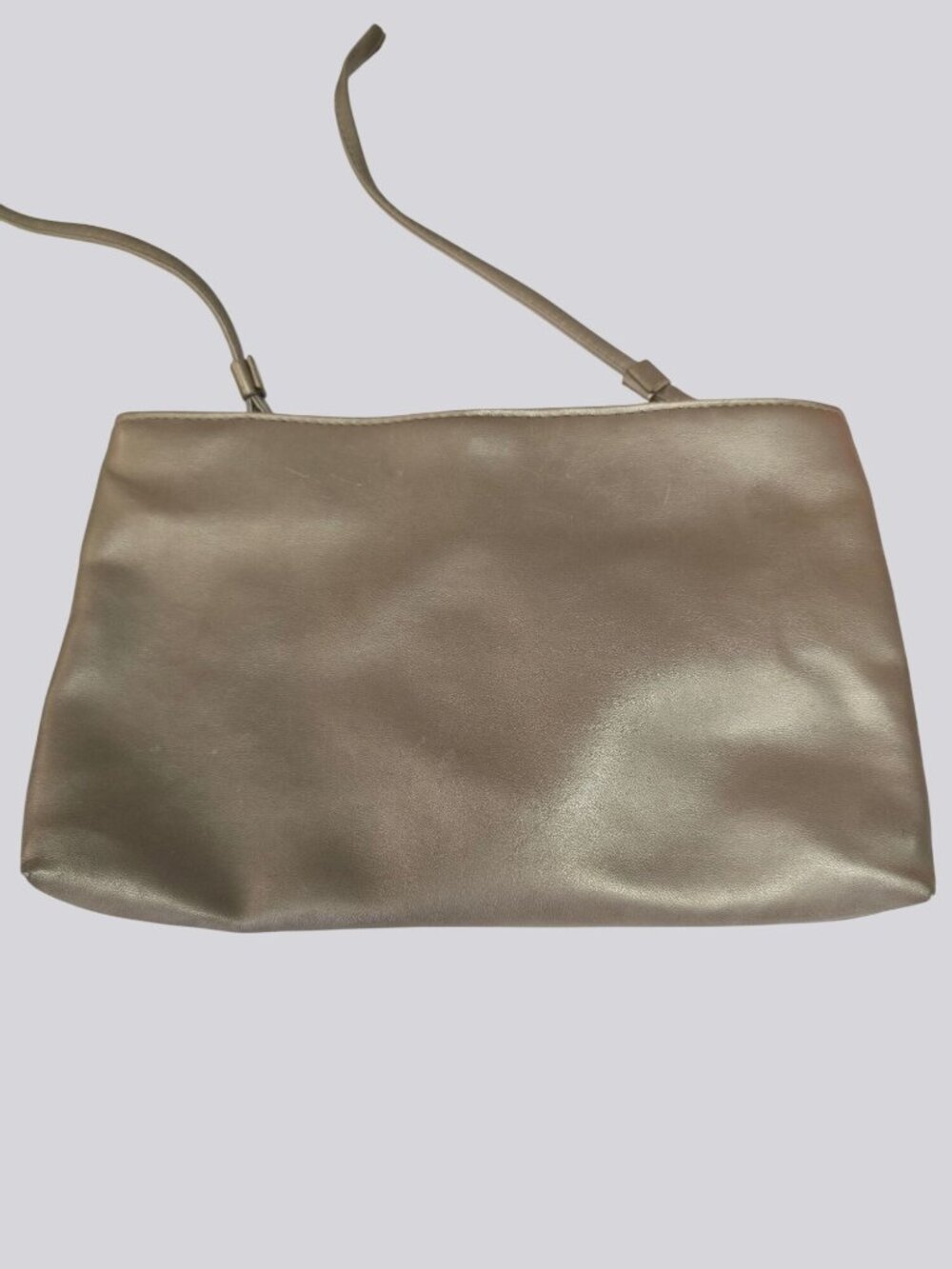 Gold Faux Leather Shoulder Bag With Zipper Closure And Adjustable Strap